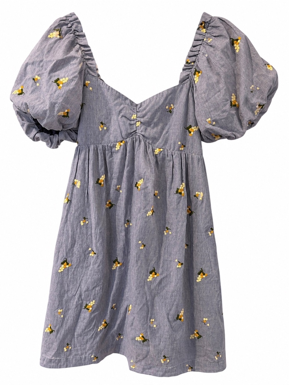 English Factory Blue Babydoll Dress Puff Sleeve Embroidered Floral - Picture 2 of 3